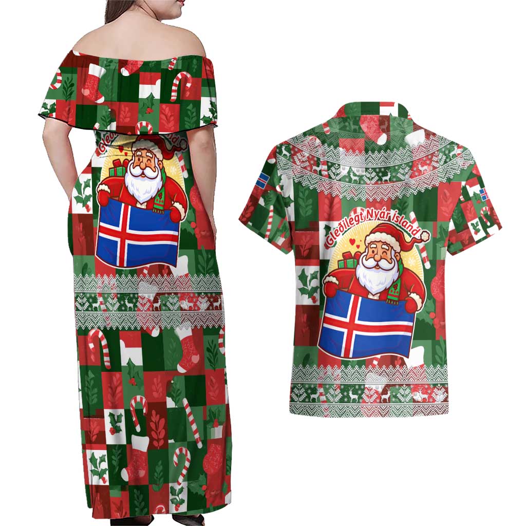 Iceland Christmas Couples Matching Off Shoulder Maxi Dress and Hawaiian Shirt with Green & Red Candy Cane Pattern Santa Claus and National Flag Motif - Wonder Print Shop