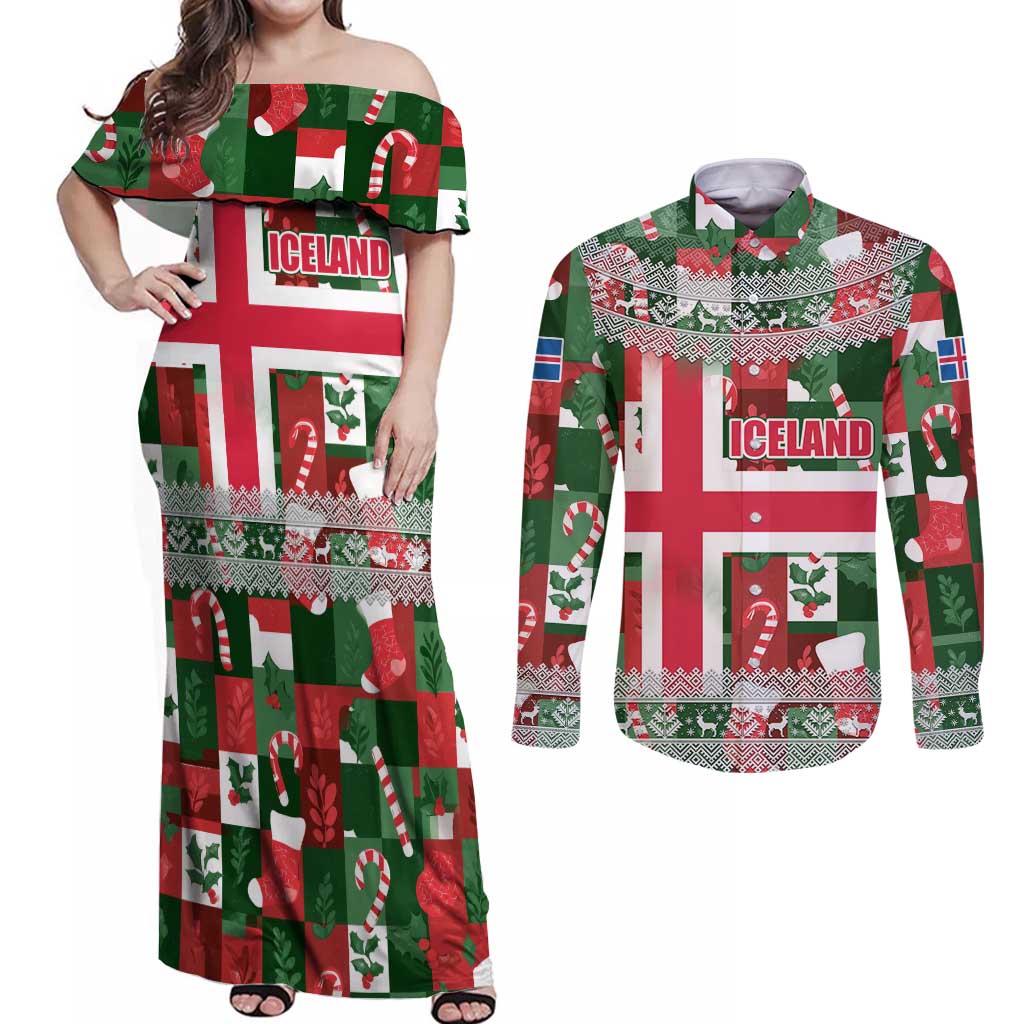 Iceland Christmas Couples Matching Off Shoulder Maxi Dress and Long Sleeve Button Shirt with Green & Red Candy Cane Pattern Santa Claus and National Flag Motif - Wonder Print Shop