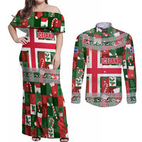 Iceland Christmas Couples Matching Off Shoulder Maxi Dress and Long Sleeve Button Shirt with Green & Red Candy Cane Pattern Santa Claus and National Flag Motif - Wonder Print Shop