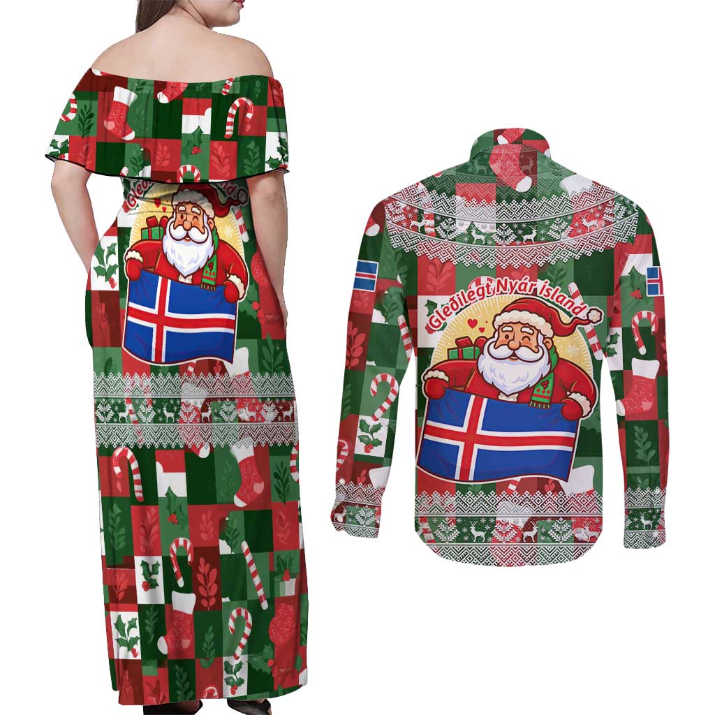 Iceland Christmas Couples Matching Off Shoulder Maxi Dress and Long Sleeve Button Shirt with Green & Red Candy Cane Pattern Santa Claus and National Flag Motif - Wonder Print Shop