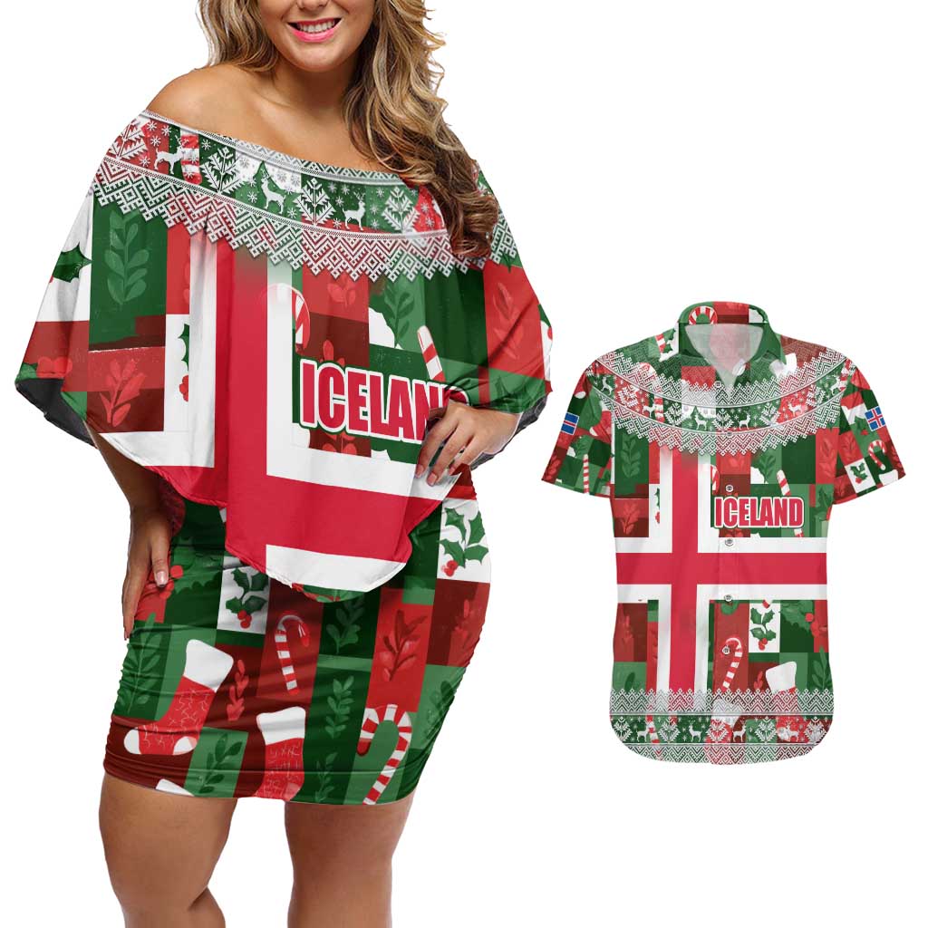 Iceland Christmas Couples Matching Off Shoulder Short Dress and Hawaiian Shirt with Green & Red Candy Cane Pattern Santa Claus and National Flag Motif - Wonder Print Shop