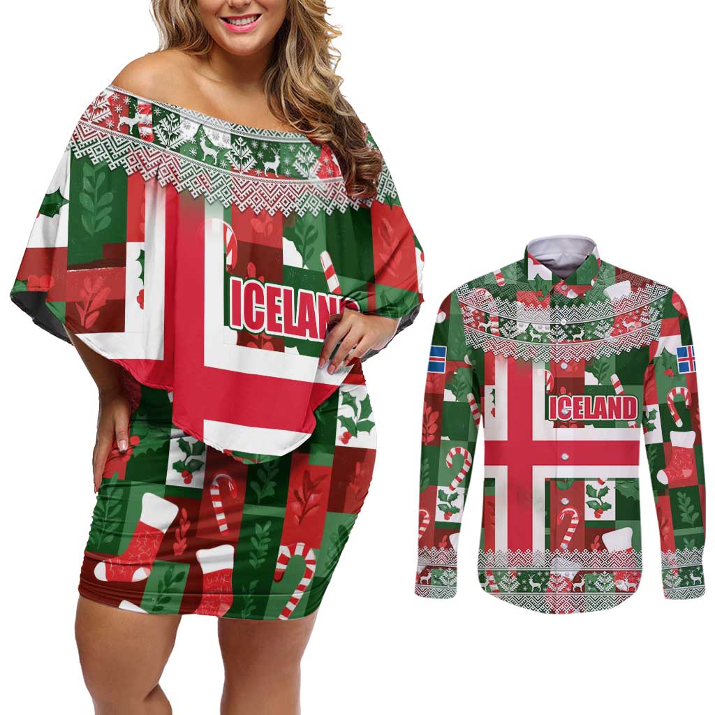 Iceland Christmas Couples Matching Off Shoulder Short Dress and Long Sleeve Button Shirt with Green & Red Candy Cane Pattern Santa Claus and National Flag Motif - Wonder Print Shop