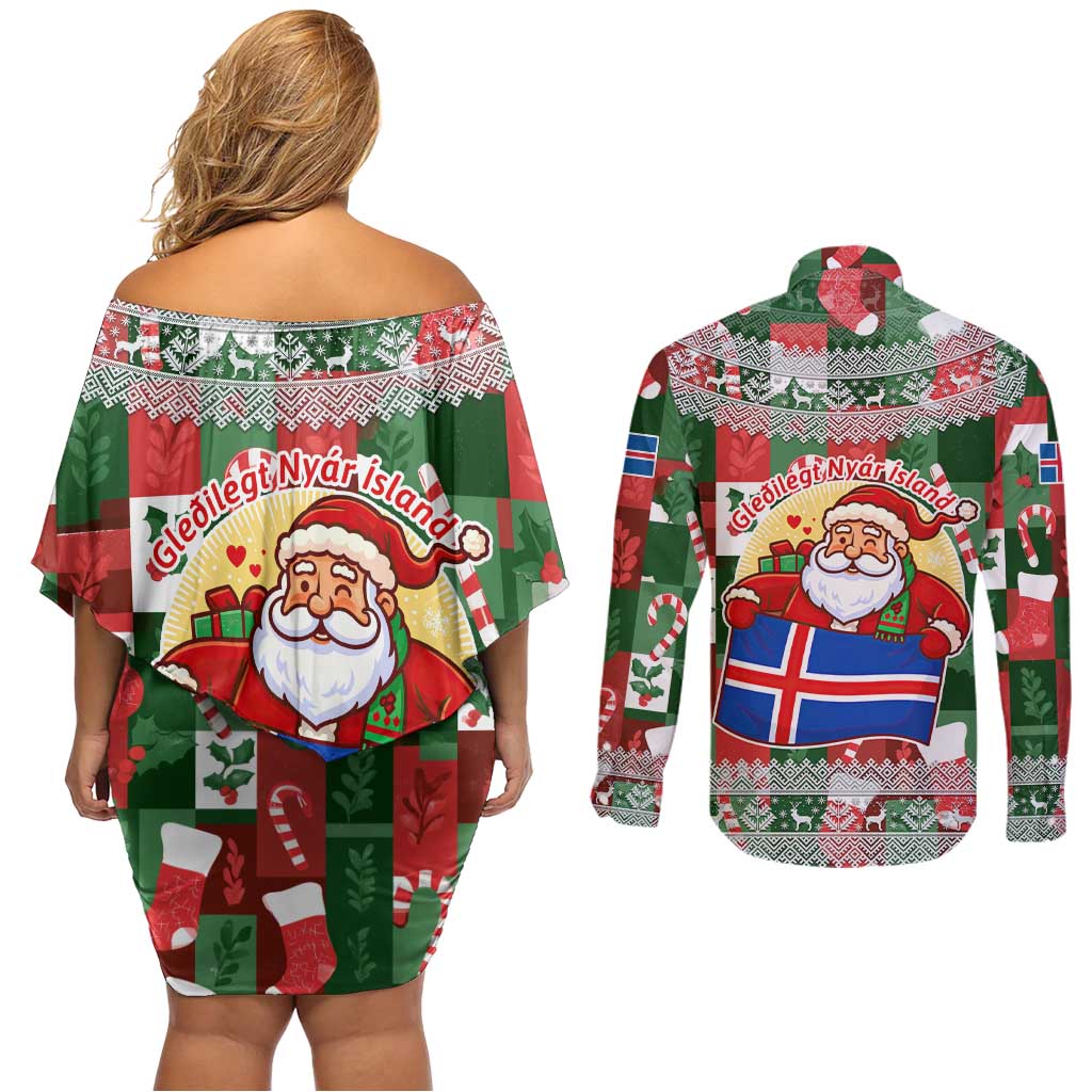Iceland Christmas Couples Matching Off Shoulder Short Dress and Long Sleeve Button Shirt with Green & Red Candy Cane Pattern Santa Claus and National Flag Motif - Wonder Print Shop