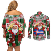 Iceland Christmas Couples Matching Off Shoulder Short Dress and Long Sleeve Button Shirt with Green & Red Candy Cane Pattern Santa Claus and National Flag Motif - Wonder Print Shop