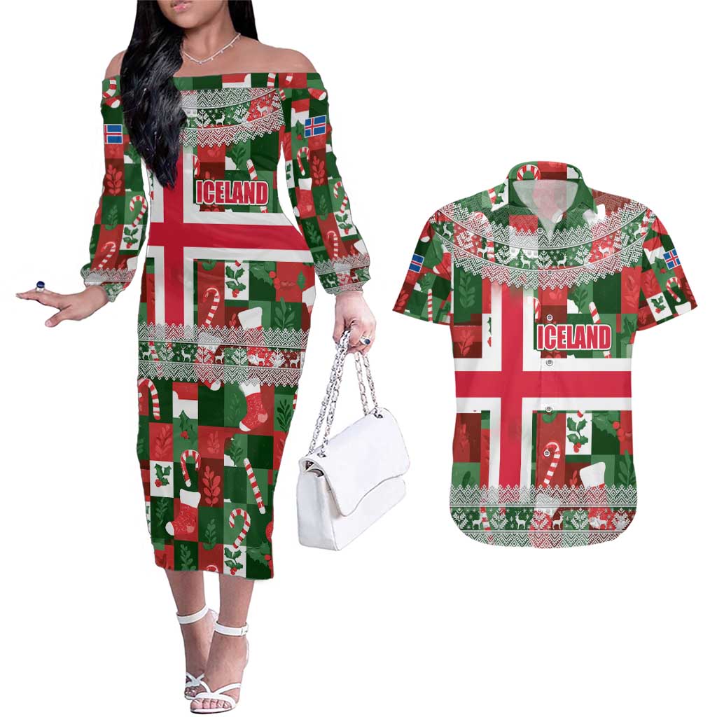 Iceland Christmas Couples Matching Off The Shoulder Long Sleeve Dress and Hawaiian Shirt with Green & Red Candy Cane Pattern Santa Claus and National Flag Motif - Wonder Print Shop