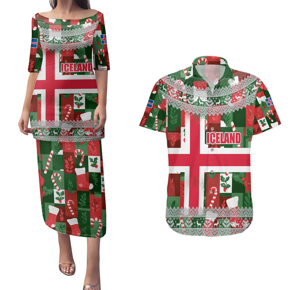 Iceland Christmas Couples Matching Puletasi and Hawaiian Shirt with Green & Red Candy Cane Pattern Santa Claus and National Flag Motif - Wonder Print Shop