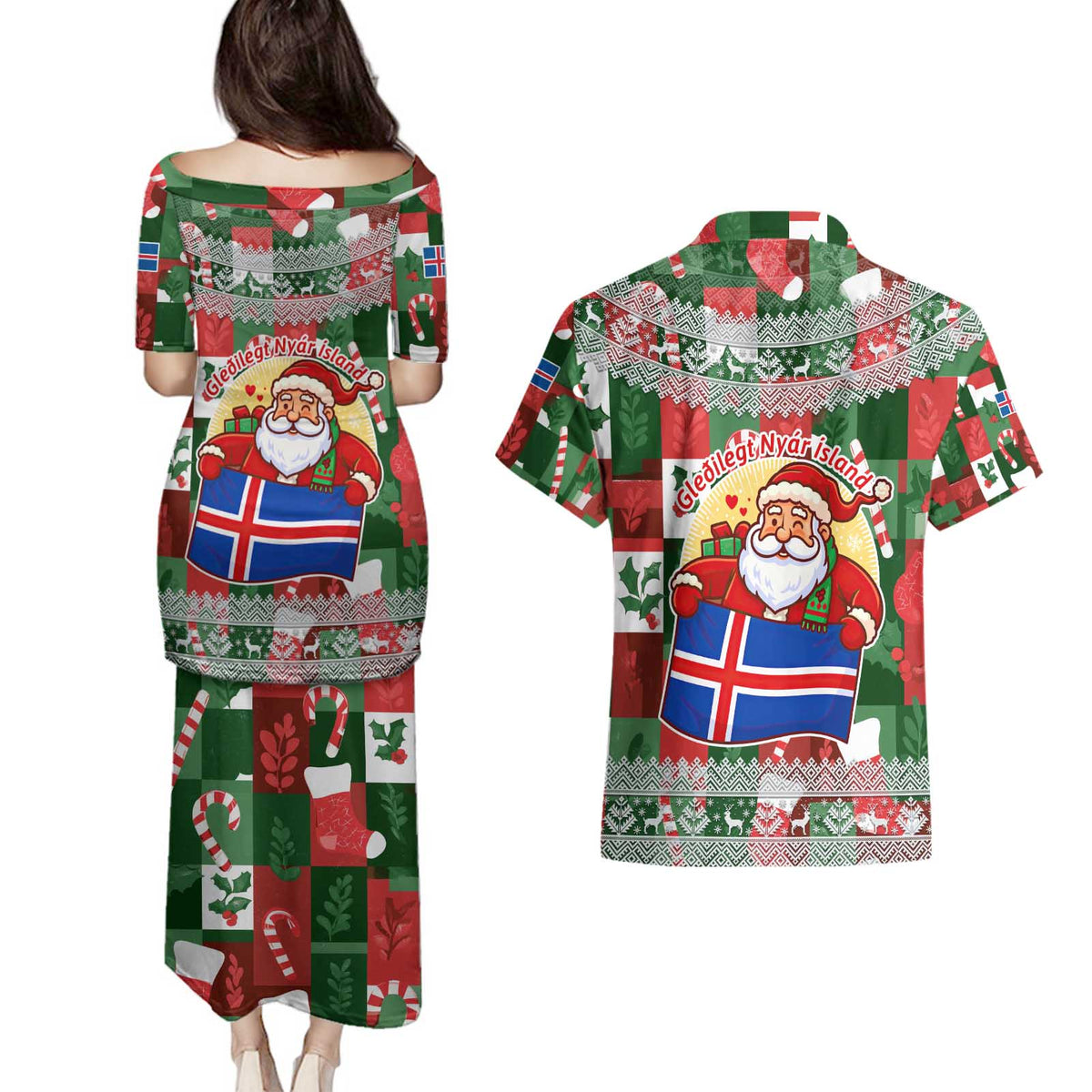 Iceland Christmas Couples Matching Puletasi and Hawaiian Shirt with Green & Red Candy Cane Pattern Santa Claus and National Flag Motif - Wonder Print Shop