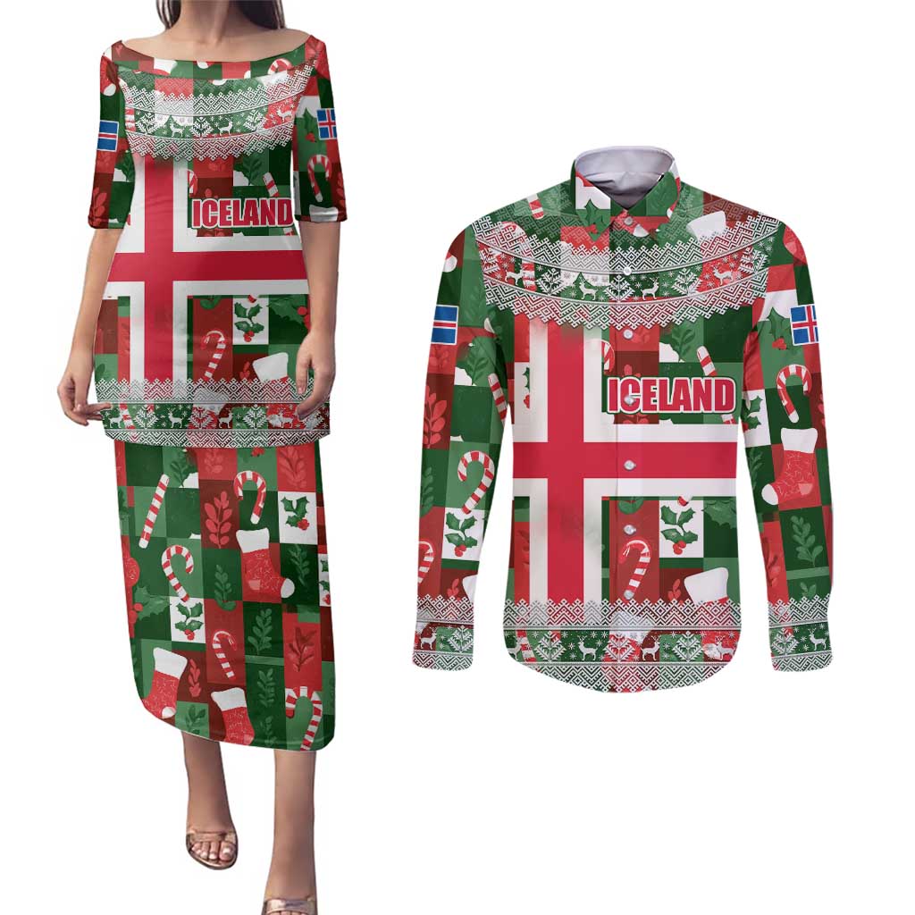 Iceland Christmas Couples Matching Puletasi and Long Sleeve Button Shirt with Green & Red Candy Cane Pattern Santa Claus and National Flag Motif - Wonder Print Shop
