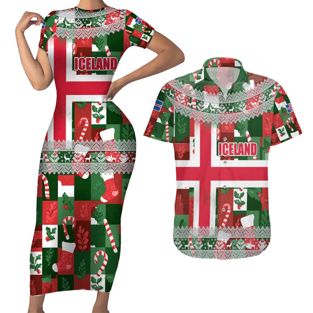 Iceland Christmas Couples Matching Short Sleeve Bodycon Dress and Hawaiian Shirt with Green & Red Candy Cane Pattern Santa Claus and National Flag Motif - Wonder Print Shop