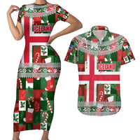Iceland Christmas Couples Matching Short Sleeve Bodycon Dress and Hawaiian Shirt with Green & Red Candy Cane Pattern Santa Claus and National Flag Motif - Wonder Print Shop