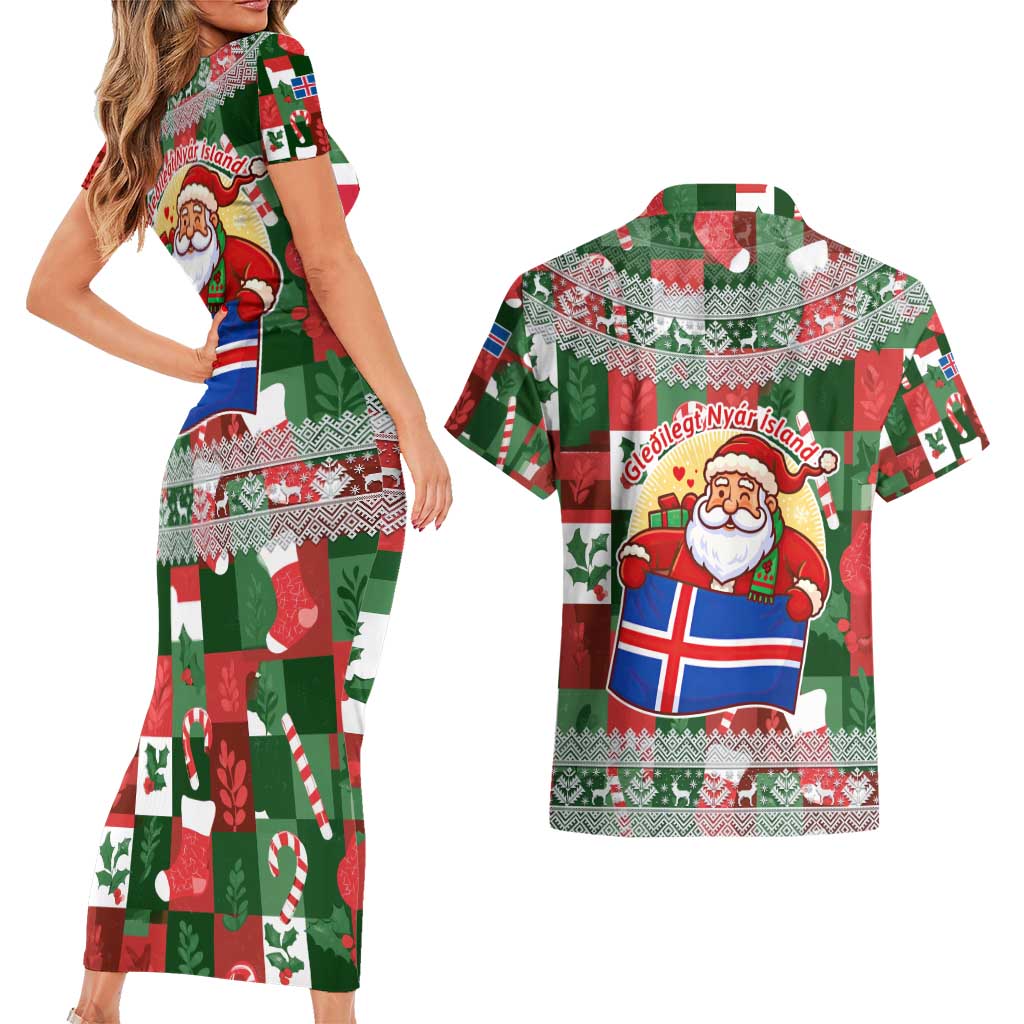 Iceland Christmas Couples Matching Short Sleeve Bodycon Dress and Hawaiian Shirt with Green & Red Candy Cane Pattern Santa Claus and National Flag Motif - Wonder Print Shop