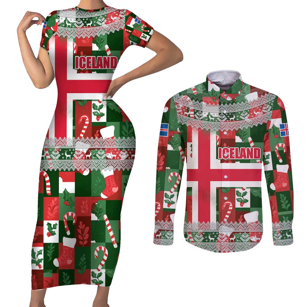 Iceland Christmas Couples Matching Short Sleeve Bodycon Dress and Long Sleeve Button Shirt with Green & Red Candy Cane Pattern Santa Claus and National Flag Motif - Wonder Print Shop
