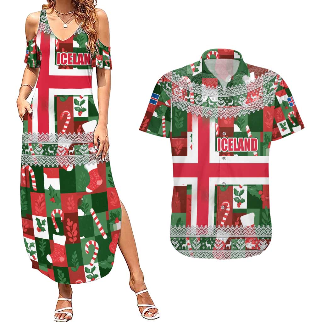 Iceland Christmas Couples Matching Summer Maxi Dress and Hawaiian Shirt with Green & Red Candy Cane Pattern Santa Claus and National Flag Motif - Wonder Print Shop