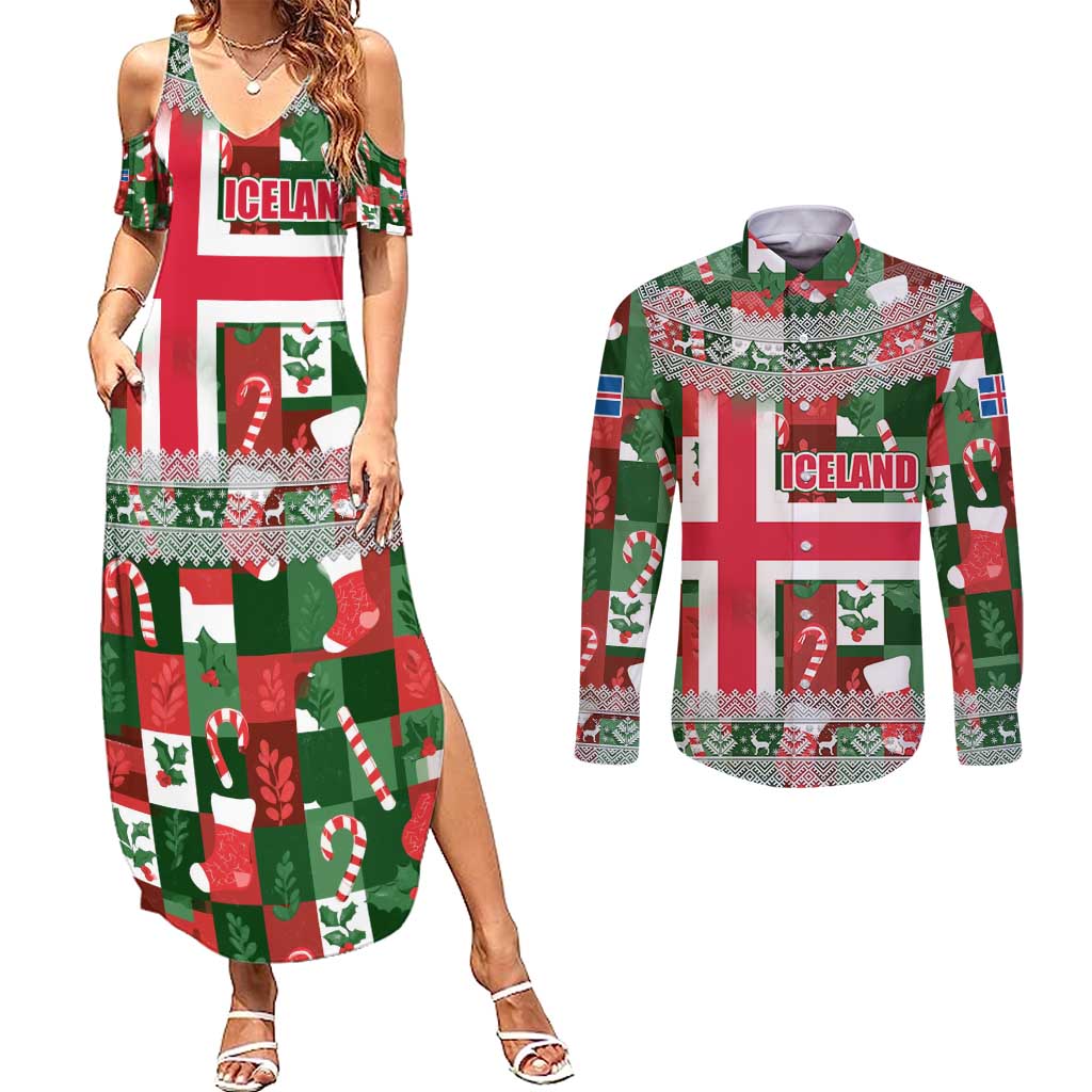 Iceland Christmas Couples Matching Summer Maxi Dress and Long Sleeve Button Shirt with Green & Red Candy Cane Pattern Santa Claus and National Flag Motif - Wonder Print Shop