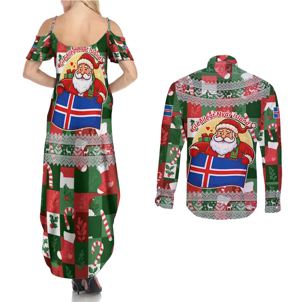 Iceland Christmas Couples Matching Summer Maxi Dress and Long Sleeve Button Shirt with Green & Red Candy Cane Pattern Santa Claus and National Flag Motif - Wonder Print Shop