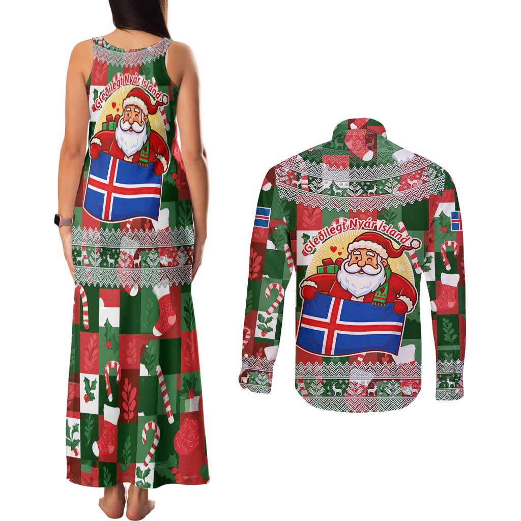 Iceland Christmas Couples Matching Tank Maxi Dress and Long Sleeve Button Shirt with Green & Red Candy Cane Pattern Santa Claus and National Flag Motif - Wonder Print Shop