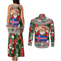 Iceland Christmas Couples Matching Tank Maxi Dress and Long Sleeve Button Shirt with Green & Red Candy Cane Pattern Santa Claus and National Flag Motif - Wonder Print Shop