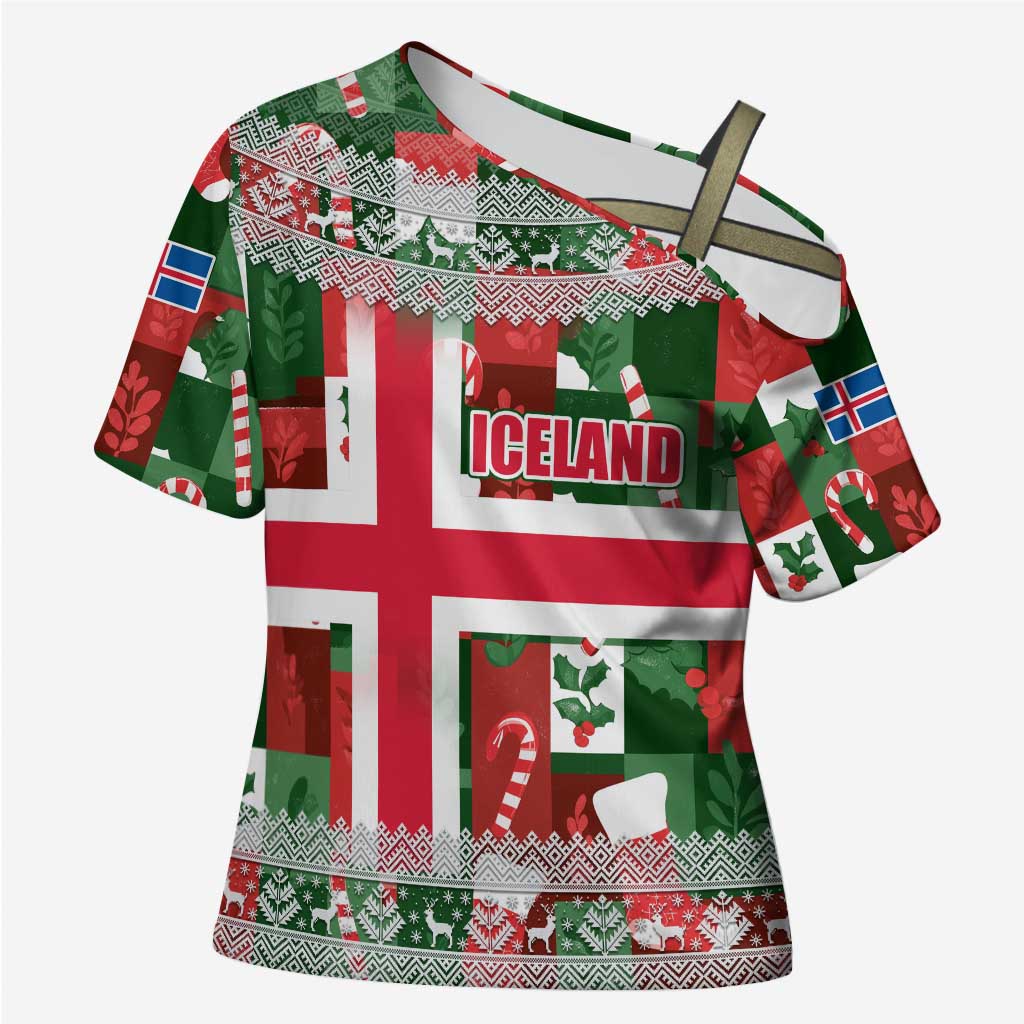 Iceland Christmas Cross Shoulder Shirt with Green & Red Candy Cane Pattern Santa Claus and National Flag Motif - Wonder Print Shop