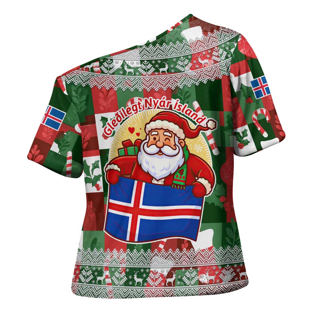 Iceland Christmas Cross Shoulder Shirt with Green & Red Candy Cane Pattern Santa Claus and National Flag Motif - Wonder Print Shop