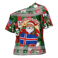 Iceland Christmas Cross Shoulder Shirt with Green & Red Candy Cane Pattern Santa Claus and National Flag Motif - Wonder Print Shop