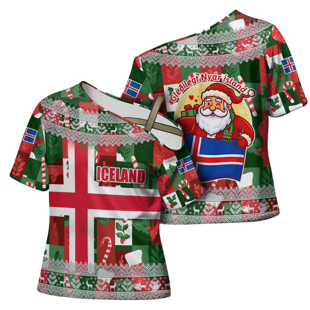 Iceland Christmas Cross Shoulder Shirt with Green & Red Candy Cane Pattern Santa Claus and National Flag Motif - Wonder Print Shop