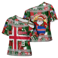 Iceland Christmas Cross Shoulder Shirt with Green & Red Candy Cane Pattern Santa Claus and National Flag Motif - Wonder Print Shop