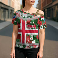 Iceland Christmas Cross Shoulder Shirt with Green & Red Candy Cane Pattern Santa Claus and National Flag Motif - Wonder Print Shop