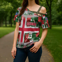 Iceland Christmas Cross Shoulder Shirt with Green & Red Candy Cane Pattern Santa Claus and National Flag Motif - Wonder Print Shop