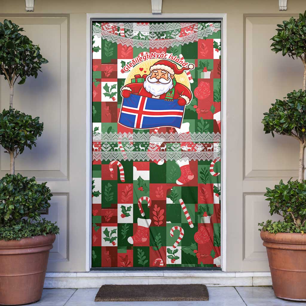 Iceland Christmas Door Cover with Green & Red Candy Cane Pattern Santa Claus and National Flag Motif - Wonder Print Shop