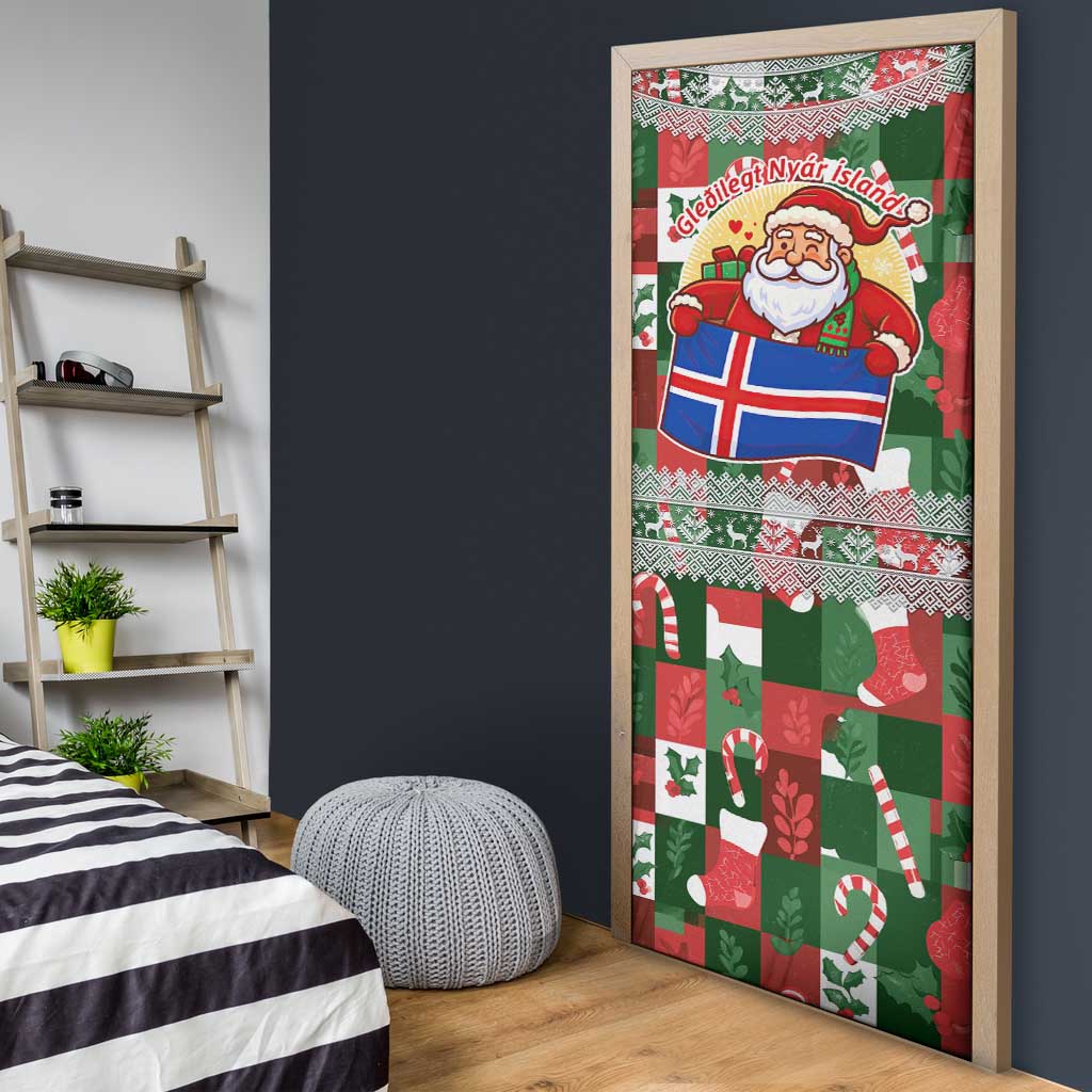 Iceland Christmas Door Cover with Green & Red Candy Cane Pattern Santa Claus and National Flag Motif - Wonder Print Shop