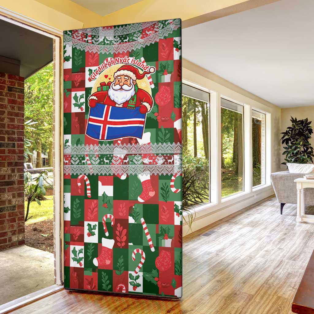 Iceland Christmas Door Cover with Green & Red Candy Cane Pattern Santa Claus and National Flag Motif - Wonder Print Shop