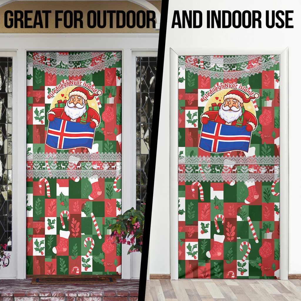 Iceland Christmas Door Cover with Green & Red Candy Cane Pattern Santa Claus and National Flag Motif - Wonder Print Shop