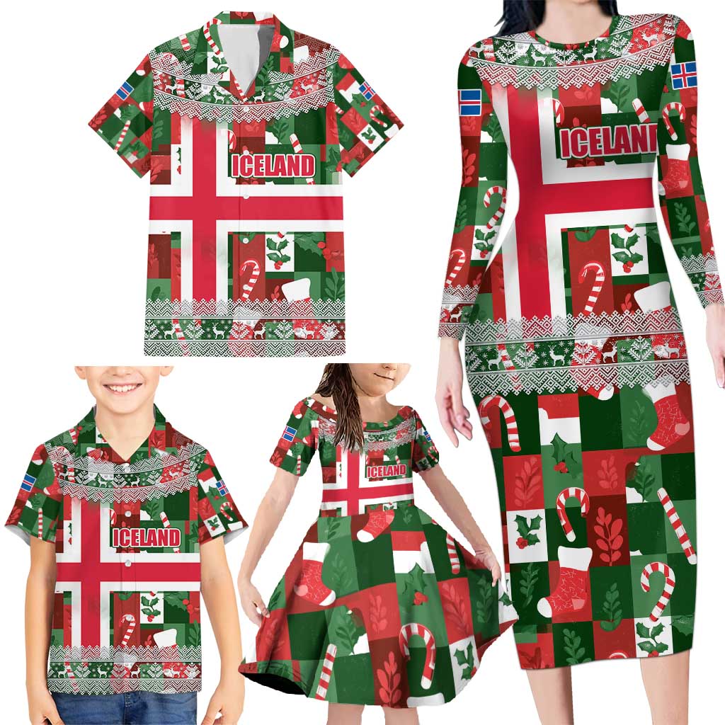 Iceland Christmas Family Matching Long Sleeve Bodycon Dress and Hawaiian Shirt with Green & Red Candy Cane Pattern Santa Claus and National Flag Motif - Wonder Print Shop