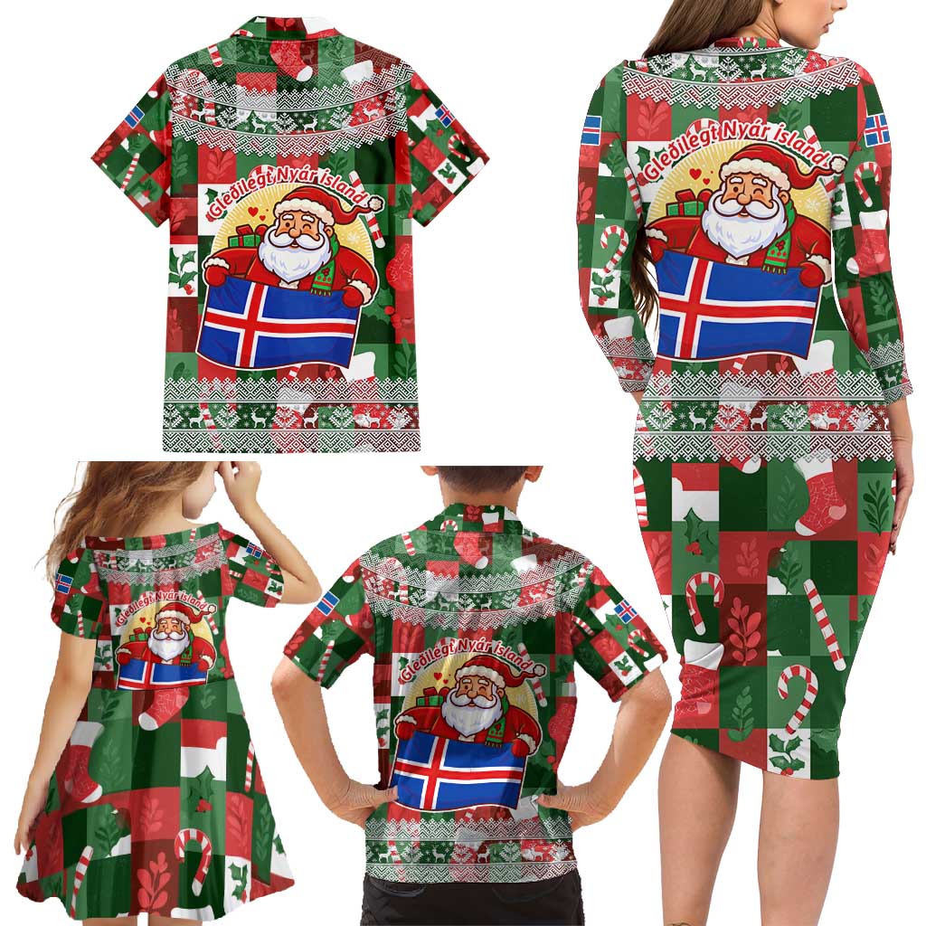 Iceland Christmas Family Matching Long Sleeve Bodycon Dress and Hawaiian Shirt with Green & Red Candy Cane Pattern Santa Claus and National Flag Motif - Wonder Print Shop