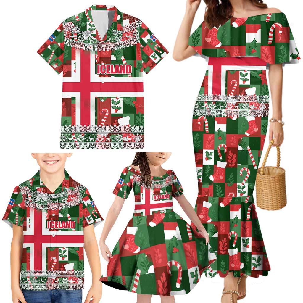 Iceland Christmas Family Matching Mermaid Dress and Hawaiian Shirt with Green & Red Candy Cane Pattern Santa Claus and National Flag Motif - Wonder Print Shop