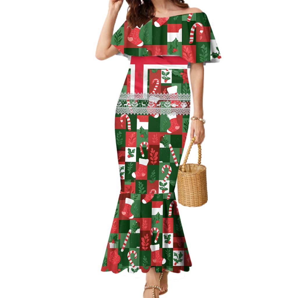 Iceland Christmas Family Matching Mermaid Dress and Hawaiian Shirt with Green & Red Candy Cane Pattern Santa Claus and National Flag Motif - Wonder Print Shop