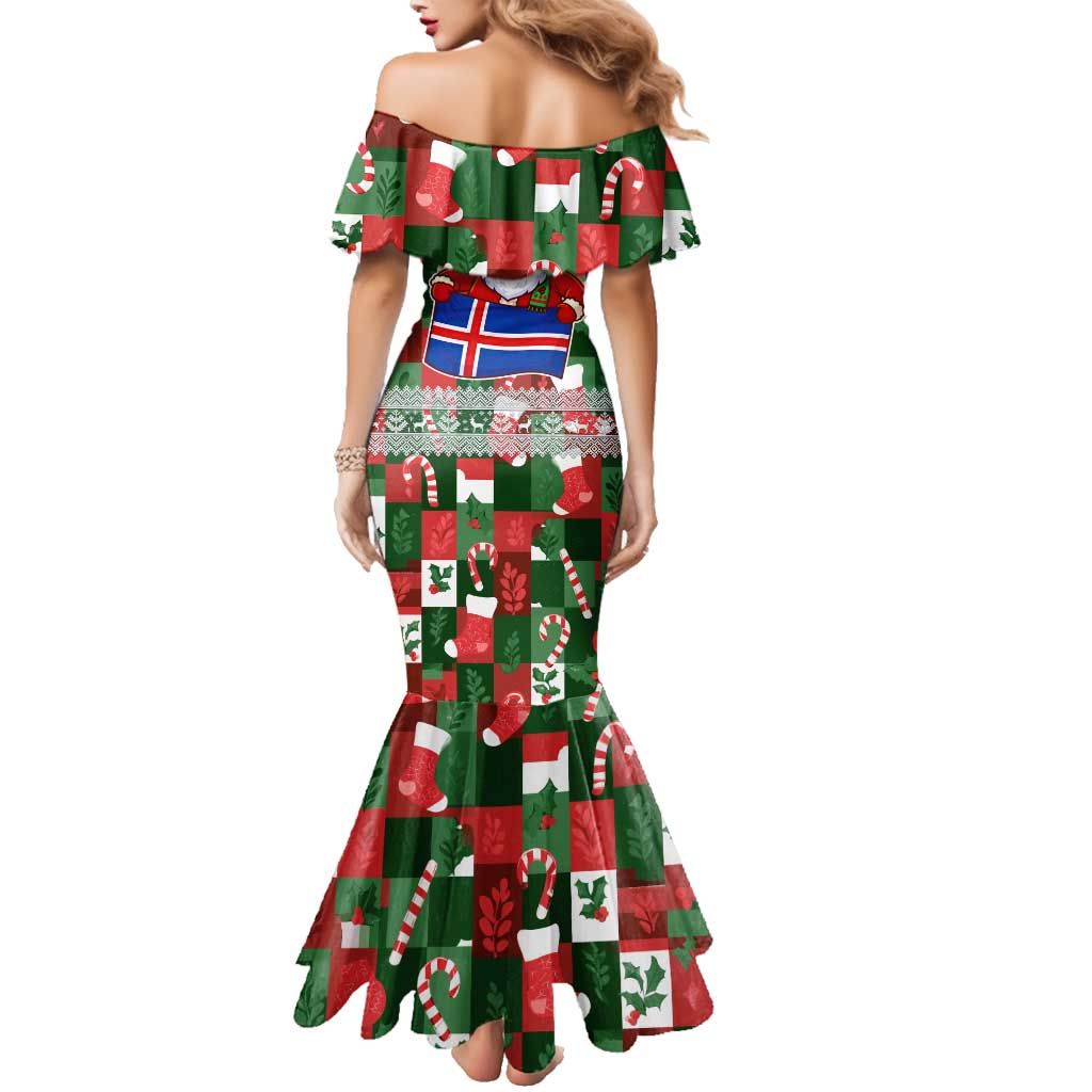 Iceland Christmas Family Matching Mermaid Dress and Hawaiian Shirt with Green & Red Candy Cane Pattern Santa Claus and National Flag Motif - Wonder Print Shop