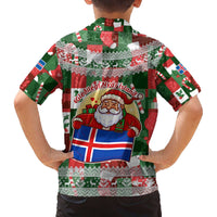 Iceland Christmas Family Matching Off The Shoulder Long Sleeve Dress and Hawaiian Shirt with Green & Red Candy Cane Pattern Santa Claus and National Flag Motif - Wonder Print Shop