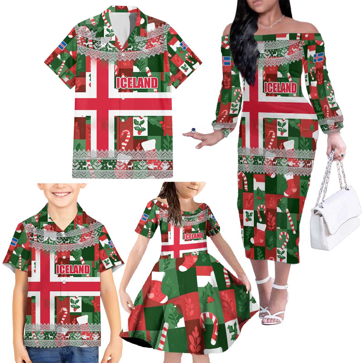 Iceland Christmas Family Matching Off The Shoulder Long Sleeve Dress and Hawaiian Shirt with Green & Red Candy Cane Pattern Santa Claus and National Flag Motif - Wonder Print Shop