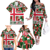 Iceland Christmas Family Matching Off The Shoulder Long Sleeve Dress and Hawaiian Shirt with Green & Red Candy Cane Pattern Santa Claus and National Flag Motif - Wonder Print Shop