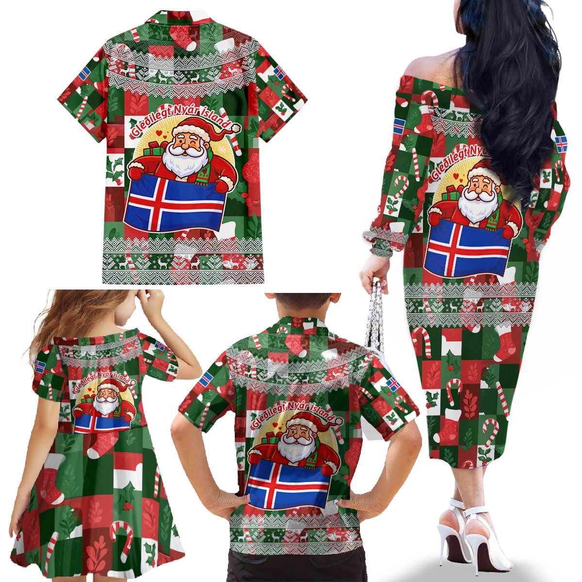 Iceland Christmas Family Matching Off The Shoulder Long Sleeve Dress and Hawaiian Shirt with Green & Red Candy Cane Pattern Santa Claus and National Flag Motif - Wonder Print Shop