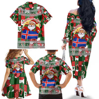 Iceland Christmas Family Matching Off The Shoulder Long Sleeve Dress and Hawaiian Shirt with Green & Red Candy Cane Pattern Santa Claus and National Flag Motif - Wonder Print Shop