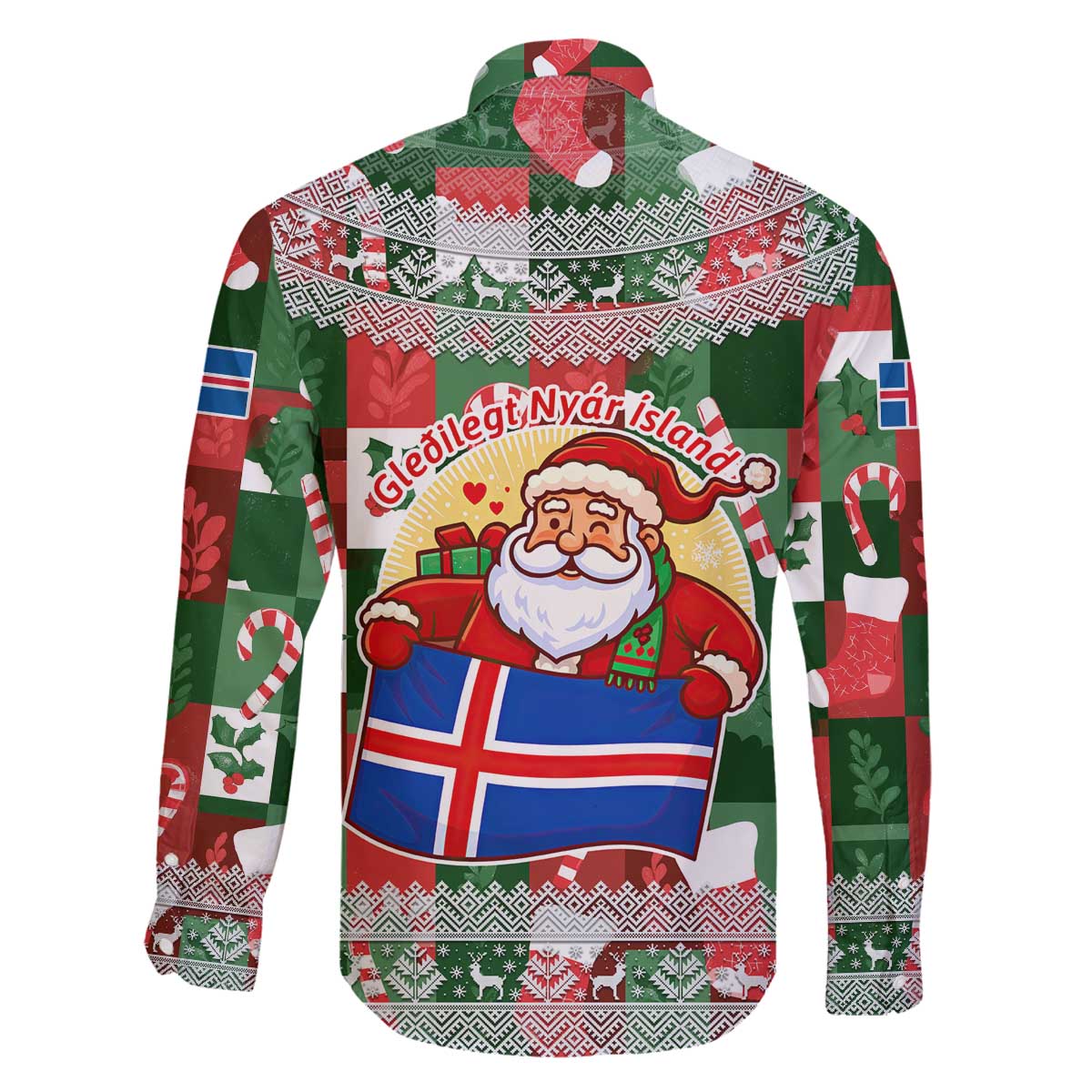 Iceland Christmas Family Matching Off The Shoulder Long Sleeve Dress and Hawaiian Shirt with Green & Red Candy Cane Pattern Santa Claus and National Flag Motif - Wonder Print Shop