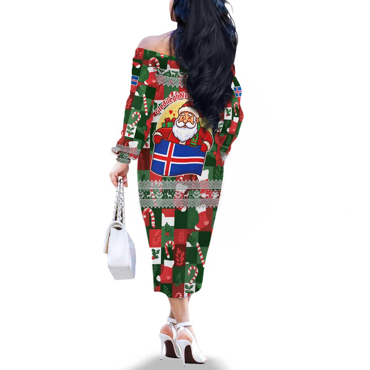 Iceland Christmas Family Matching Off The Shoulder Long Sleeve Dress and Hawaiian Shirt with Green & Red Candy Cane Pattern Santa Claus and National Flag Motif - Wonder Print Shop