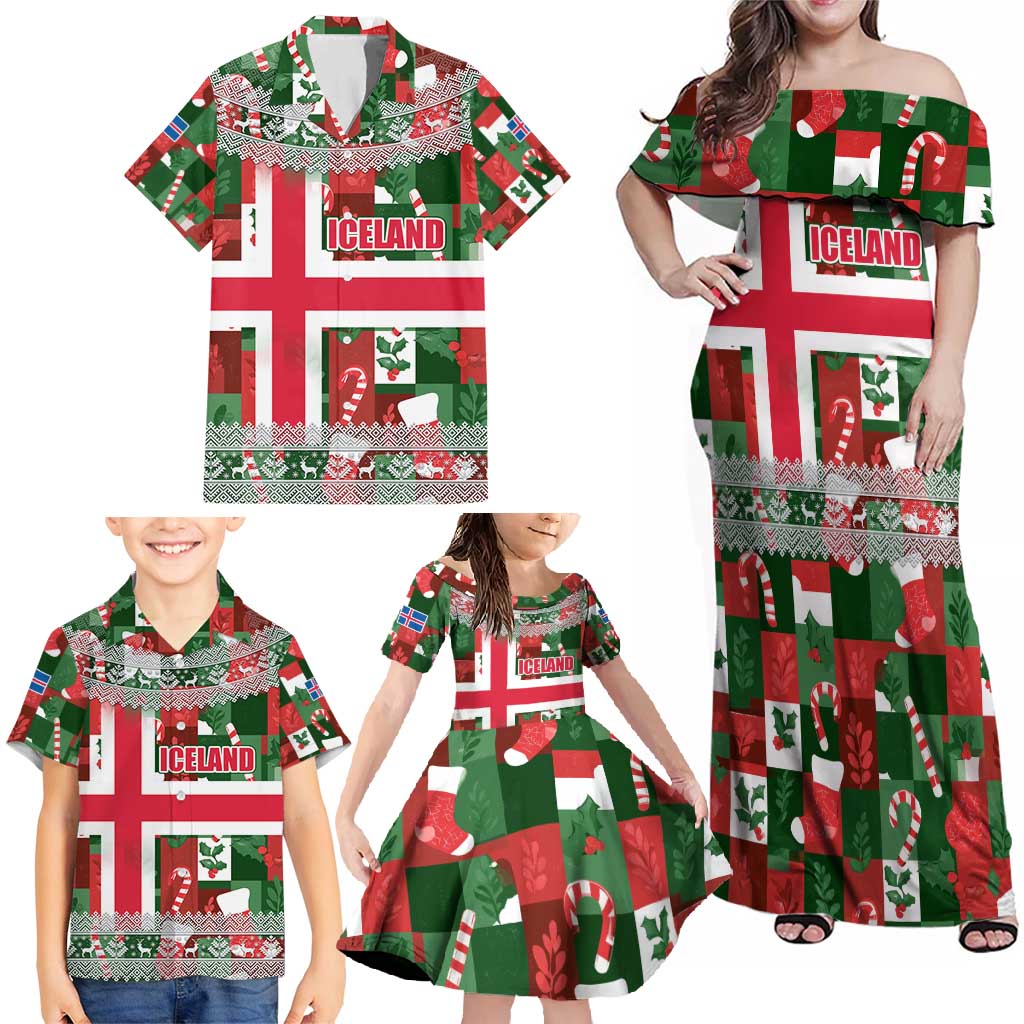 Iceland Christmas Family Matching Off Shoulder Maxi Dress and Hawaiian Shirt with Green & Red Candy Cane Pattern Santa Claus and National Flag Motif - Wonder Print Shop