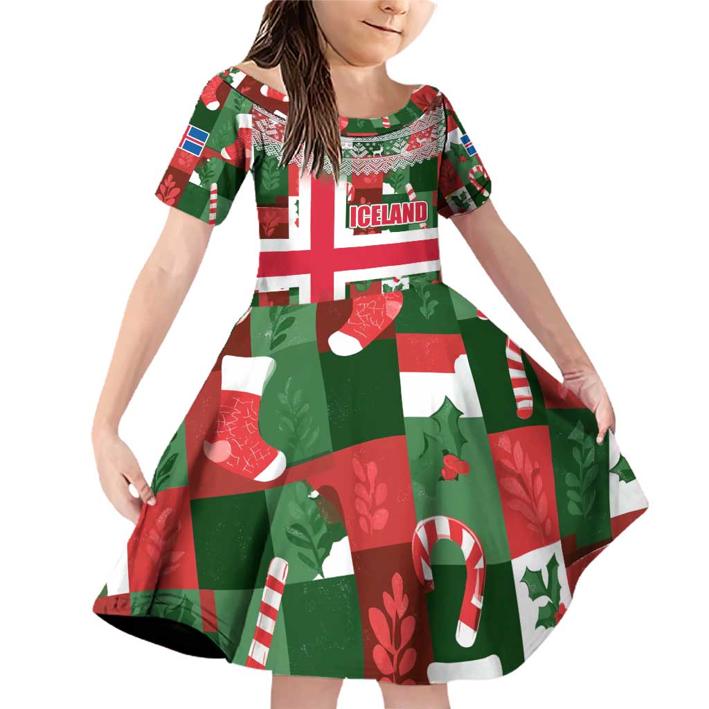 Iceland Christmas Family Matching Off Shoulder Short Dress and Hawaiian Shirt with Green & Red Candy Cane Pattern Santa Claus and National Flag Motif - Wonder Print Shop