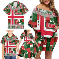 Iceland Christmas Family Matching Off Shoulder Short Dress and Hawaiian Shirt with Green & Red Candy Cane Pattern Santa Claus and National Flag Motif - Wonder Print Shop