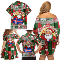 Iceland Christmas Family Matching Off Shoulder Short Dress and Hawaiian Shirt with Green & Red Candy Cane Pattern Santa Claus and National Flag Motif - Wonder Print Shop