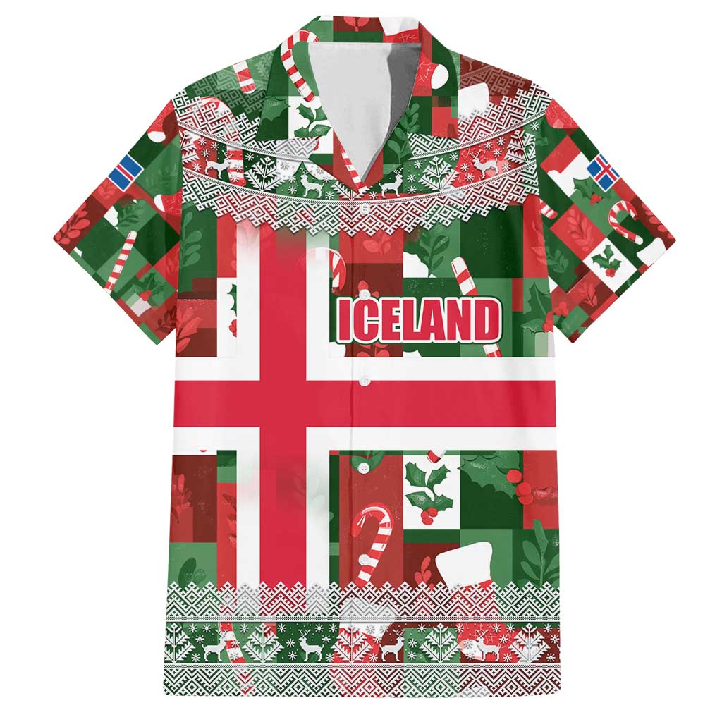 Iceland Christmas Family Matching Off Shoulder Short Dress and Hawaiian Shirt with Green & Red Candy Cane Pattern Santa Claus and National Flag Motif - Wonder Print Shop