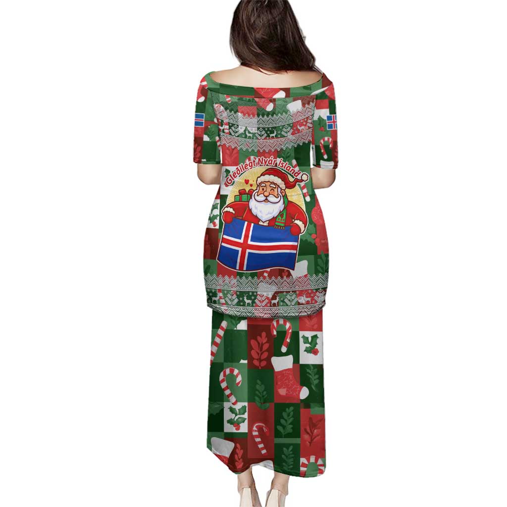 Iceland Christmas Family Matching Puletasi and Hawaiian Shirt with Green & Red Candy Cane Pattern Santa Claus and National Flag Motif - Wonder Print Shop